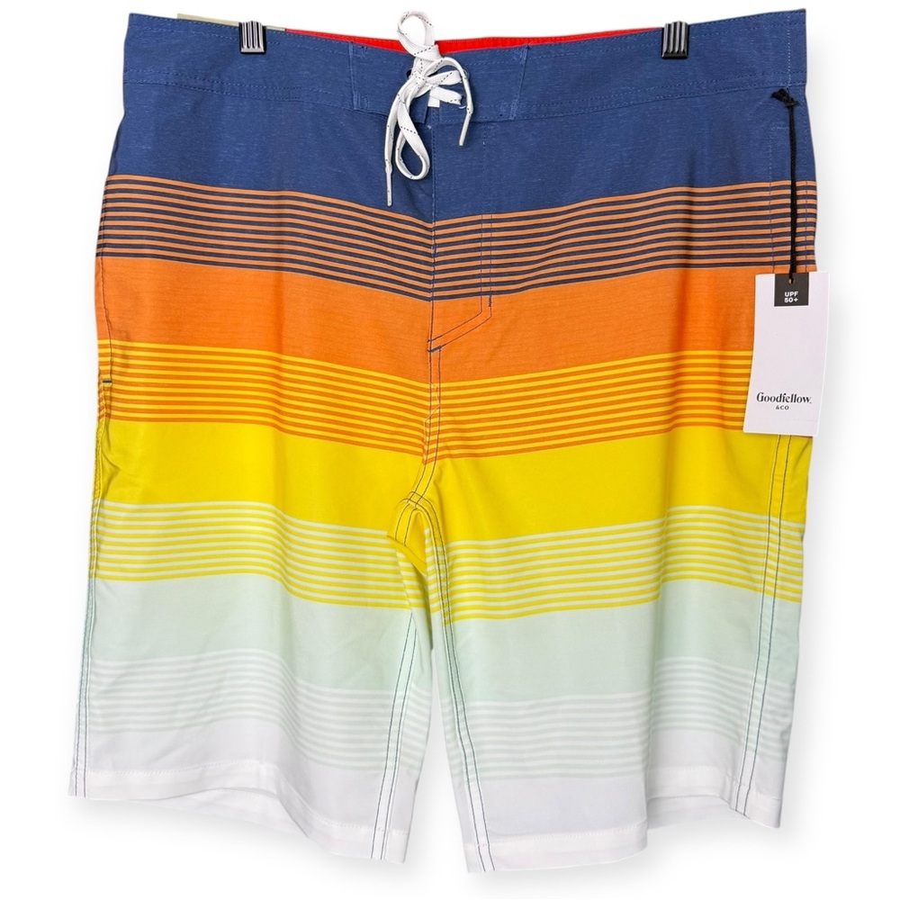 NWT Navy Sunset Stripe 4-Way Stretch Waist UPF 50+ Board Shorts, 34"